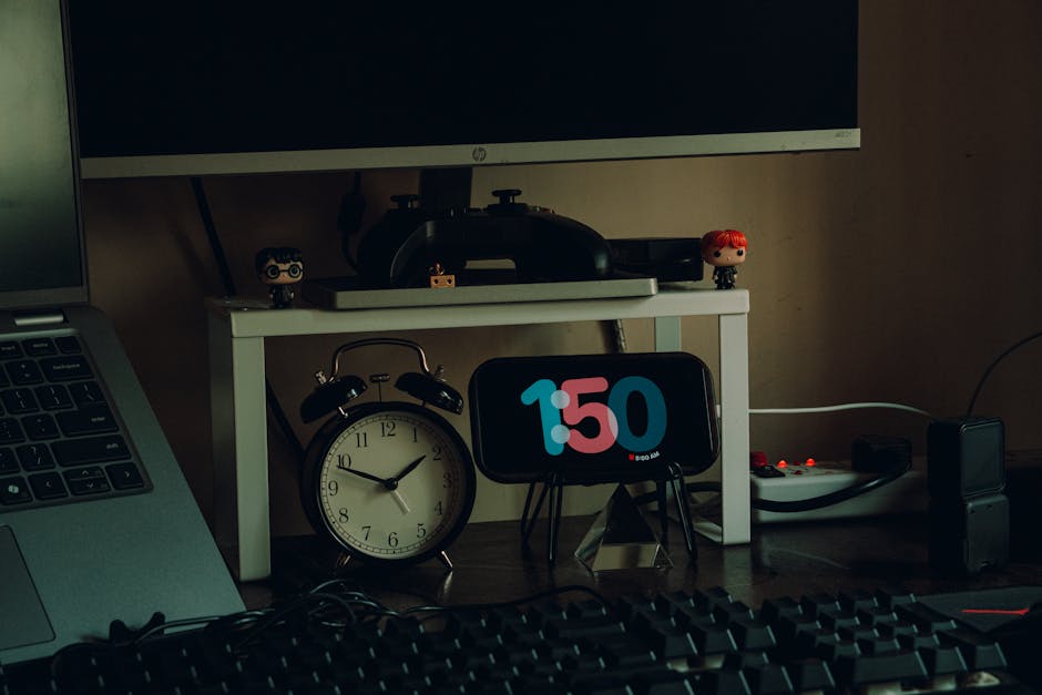 Organized home workspace featuring desk decor, clocks, and modern desk setup for productivity.