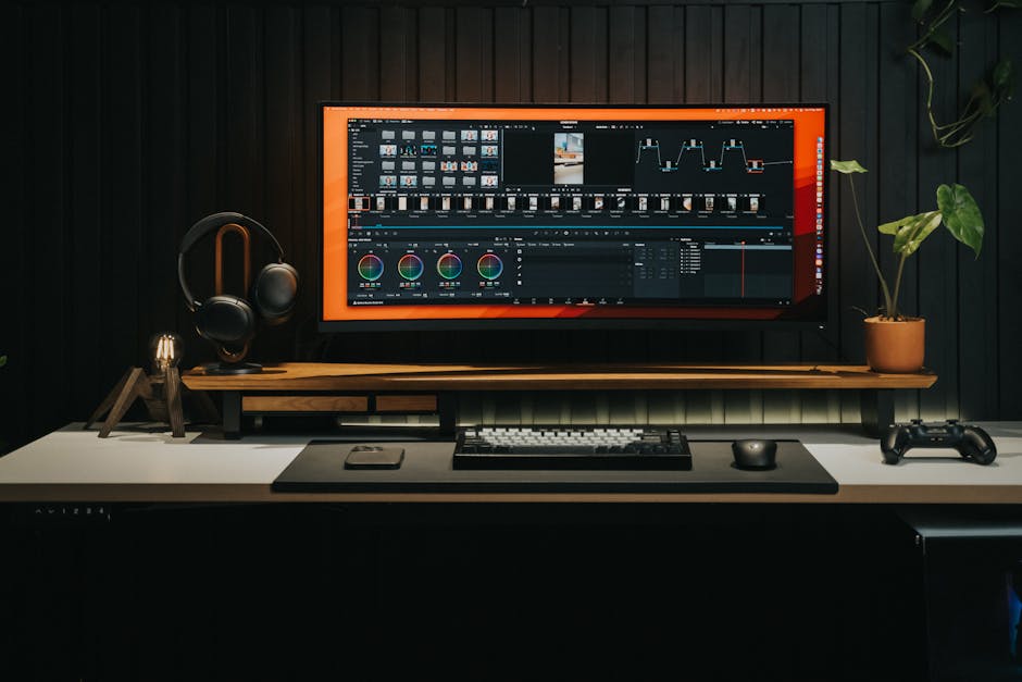 Sleek home office with a powerful video editing workstation and gaming console, perfect for creators.