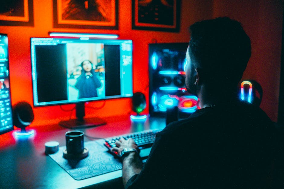 A male photographer edits images on a computer at night in a vibrant neon-lit room.